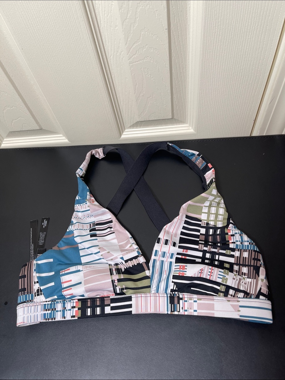 Printed Crisscross Sports Bra in Blue-Pink Multi